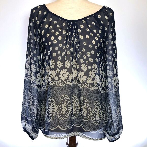 Navy Blue Sheer Boho Floral Pleated Women's Top - Picture 1 of 8